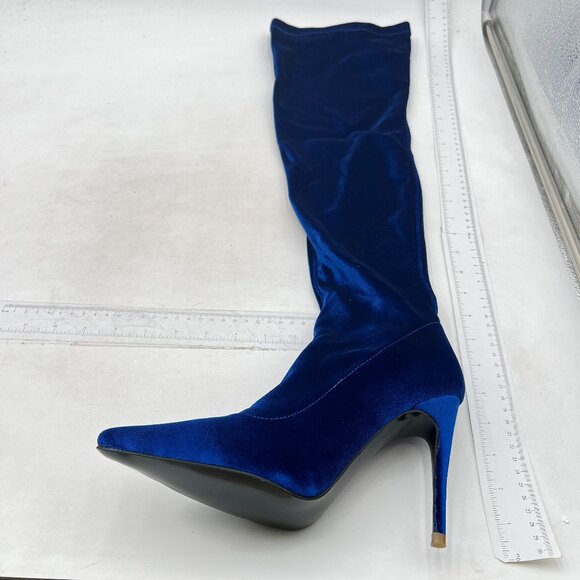 Blue Velvet Pointed Toe Stiletto Heels Over the Knee High Boots for Women - Picture 1 of 6